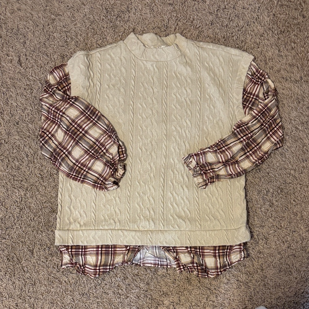 Maurices Cream Sweater with Plaid Sleeves